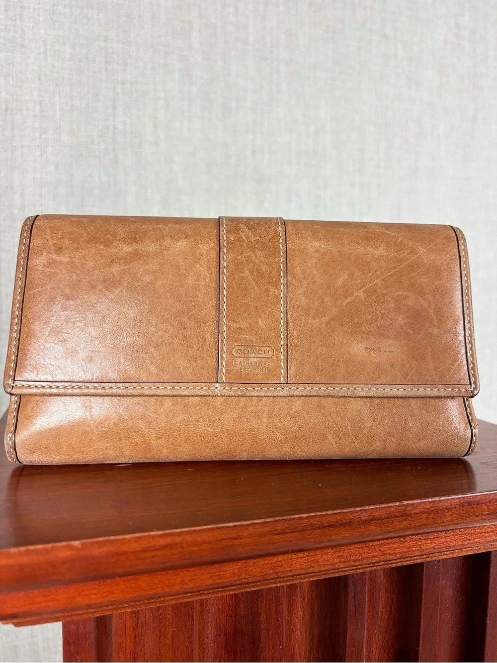 Coach Tan Leather Trifold Wallet with Removable Matching Checkbook Cover